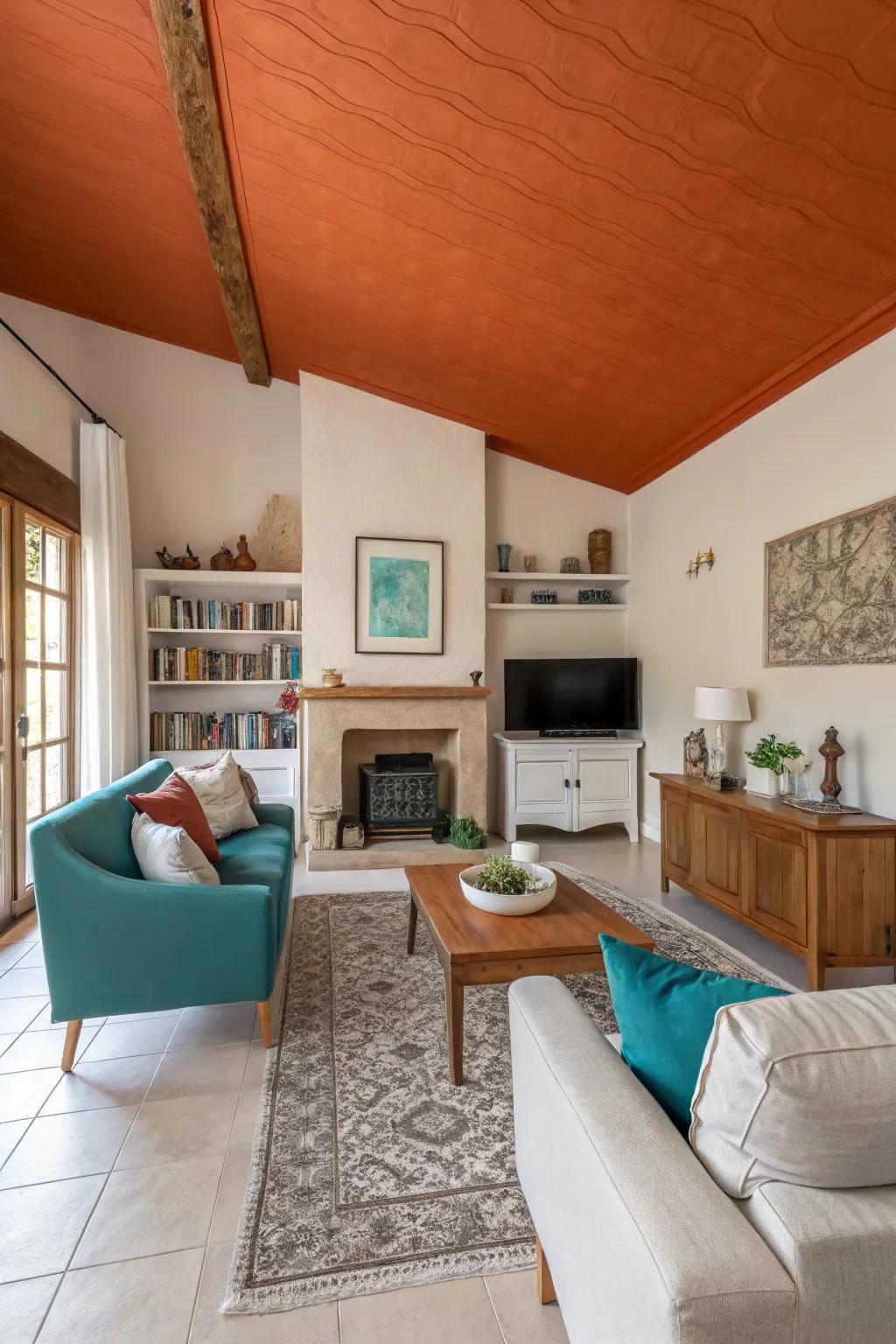 A burnt orange ceiling creates an unexpected focal point, adding drama and height. 🏠 #CeilingDesign #HomeInspiration