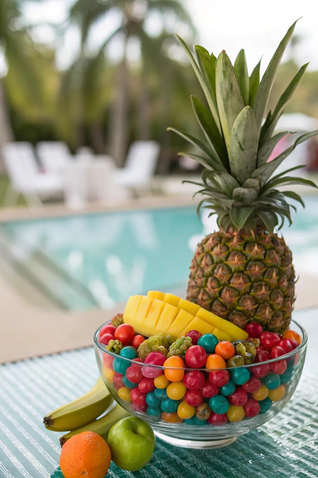 Create a tropical oasis on your table with candies and fruits.