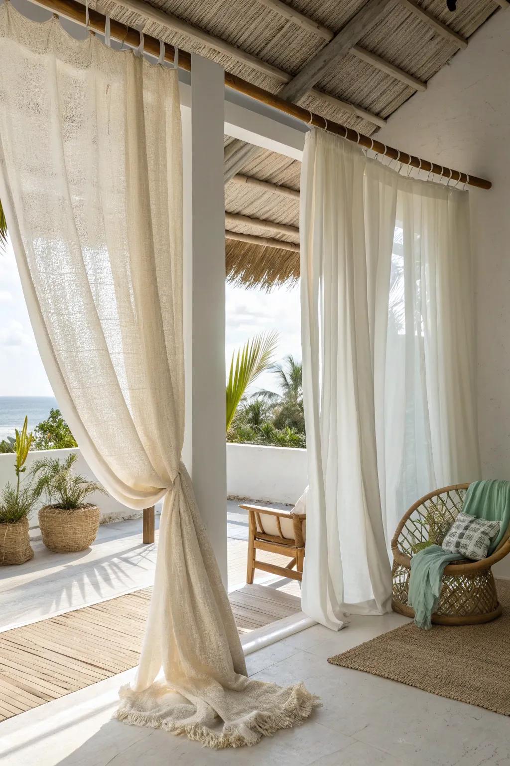 Soft sunlight through airy curtains enhances a breezy, relaxed vibe.