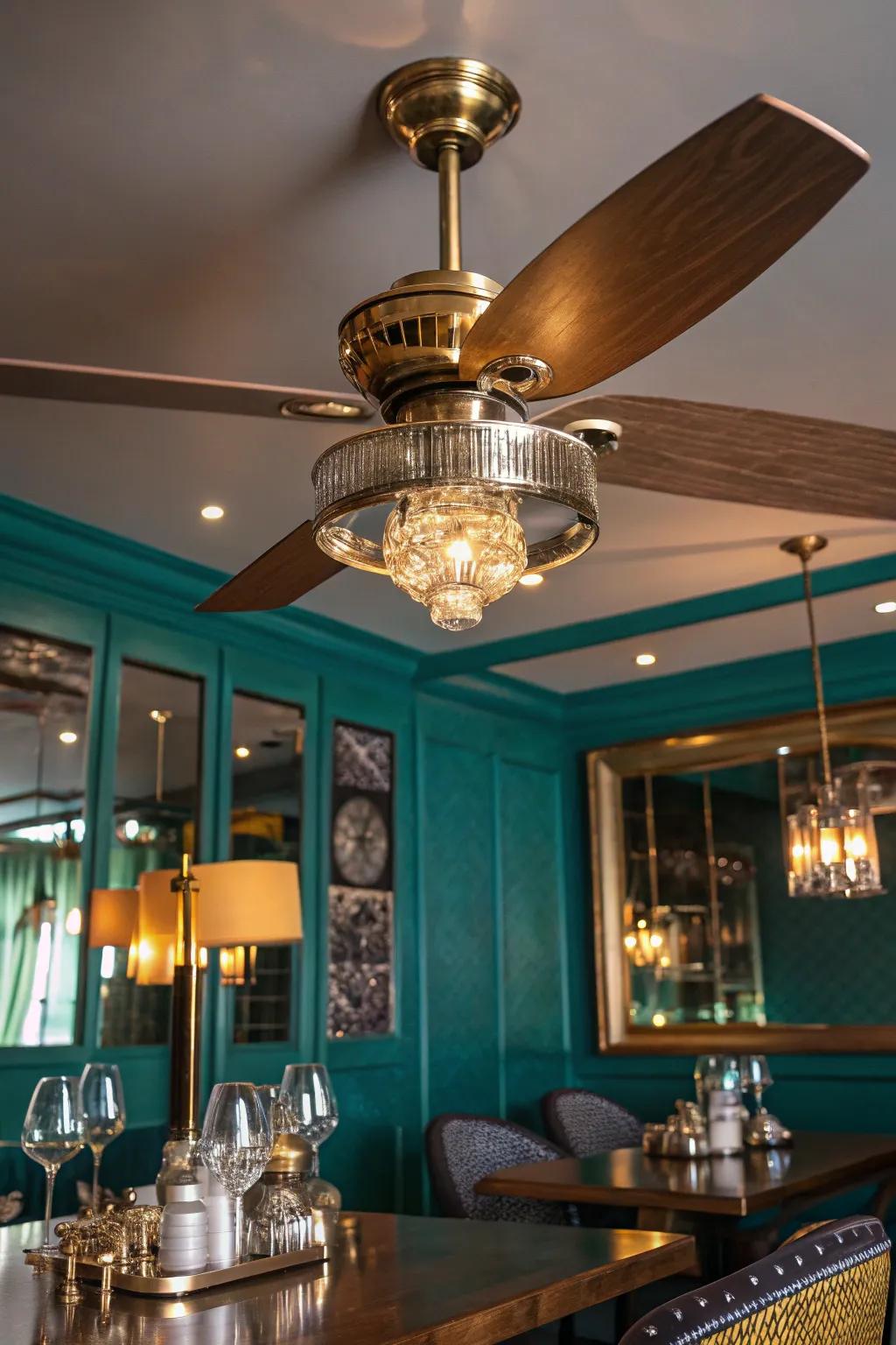 Glamour and sophistication meet functionality with a metallic-finished ceiling fan.