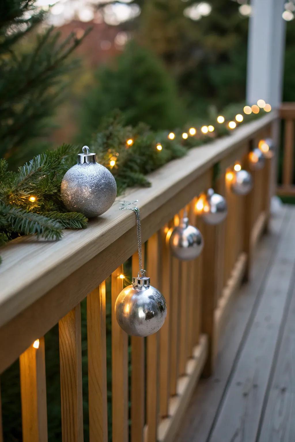 Bring festive glamour to your porch with glistening ornaments that catch the light beautifully.