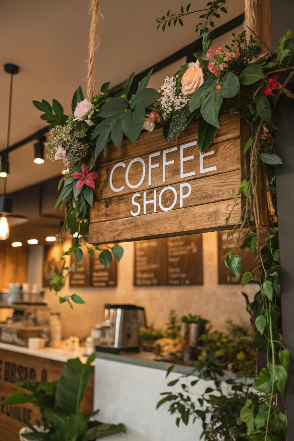 Bring the outdoors in with signs that feature natural elements. 🌿 #NatureInspired #CoffeeShopCreativity