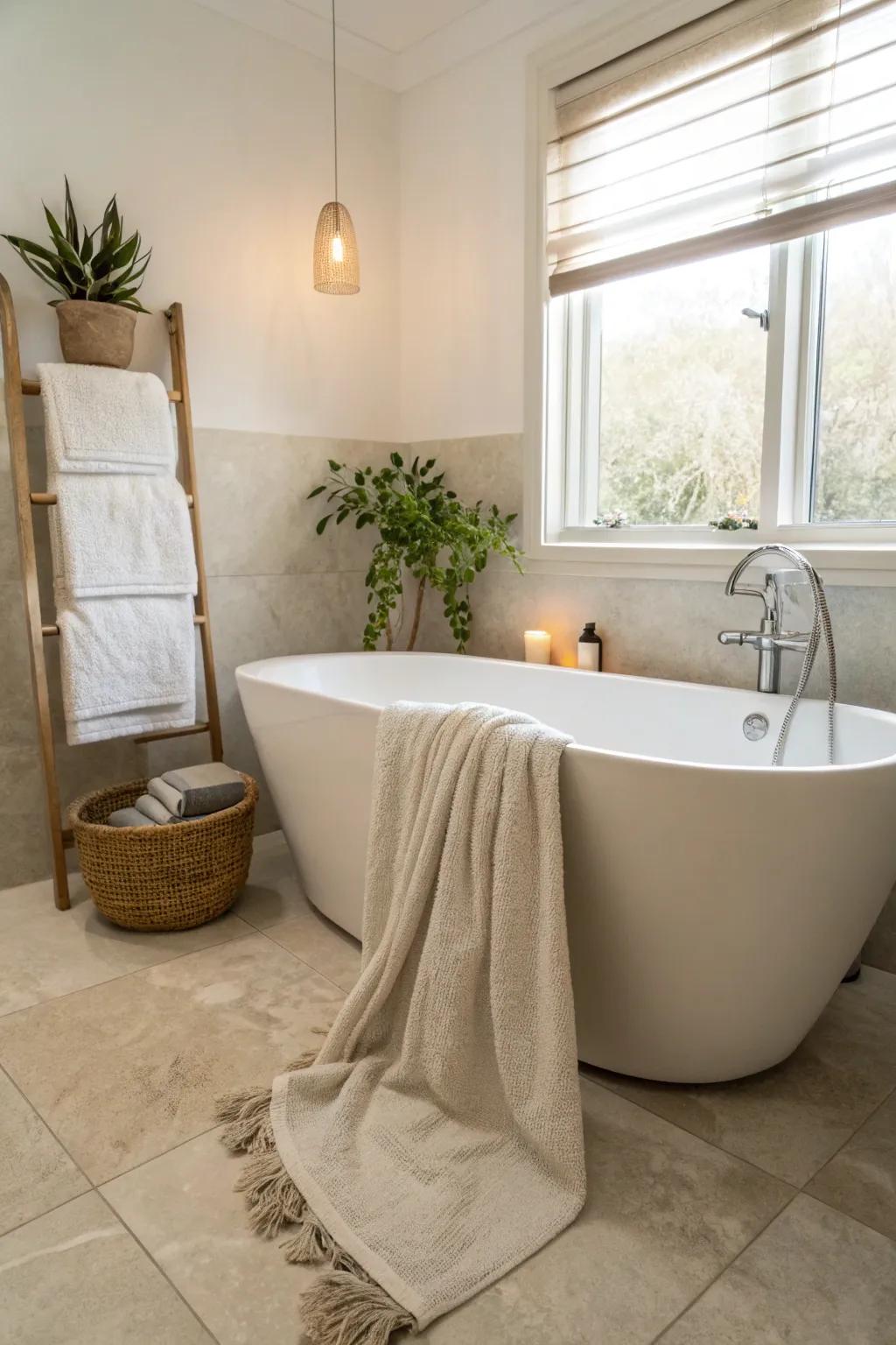 Transform your bathroom into a spa-like haven with a serene corner freestanding tub and soft, inviting decor.