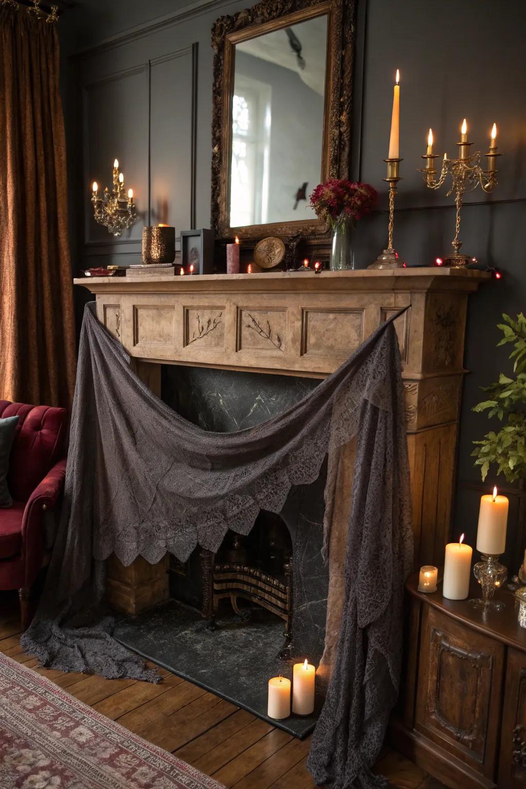Create a dramatic focal point with a cloth-covered mantelpiece and flickering candles.