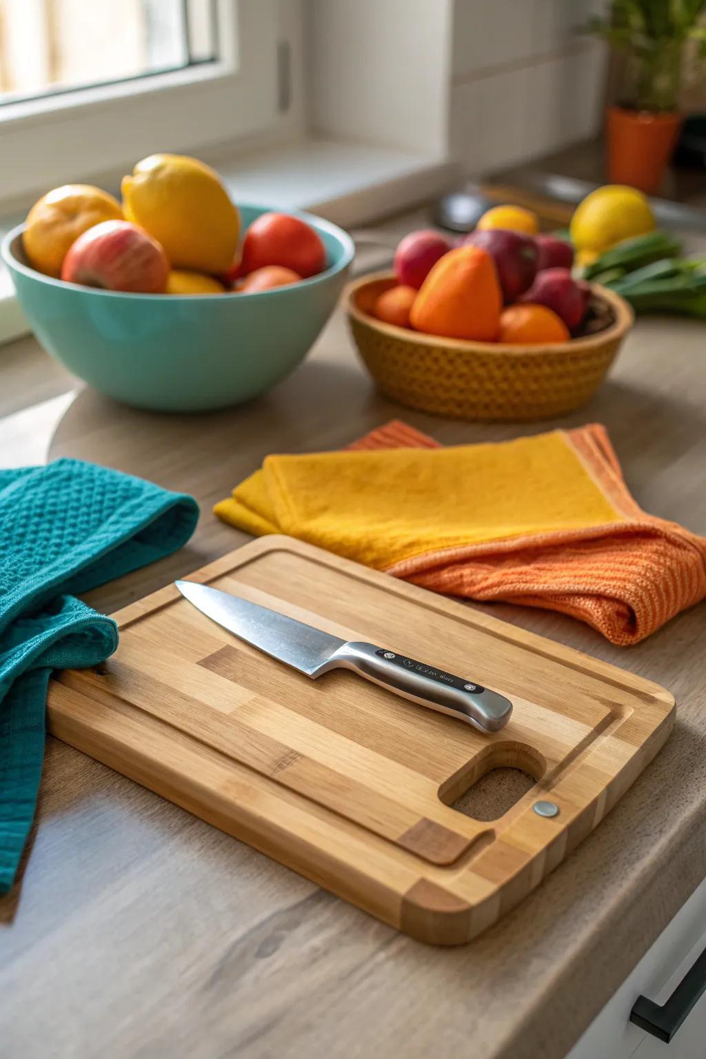 Keep their kitchen clutter-free with a cutting board featuring an embedded knife holder.