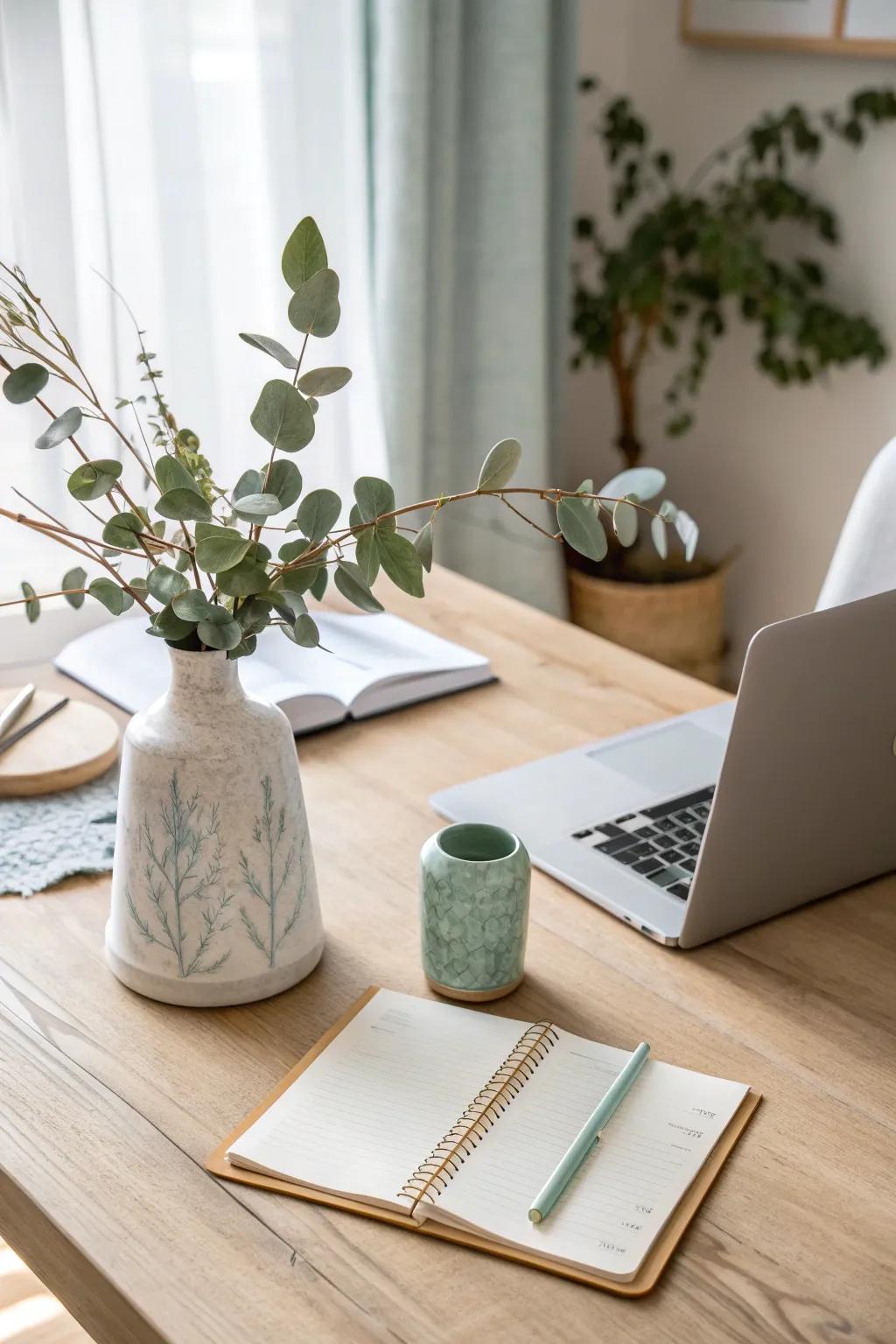 Enhance your workspace with the calming presence of eucalyptus.