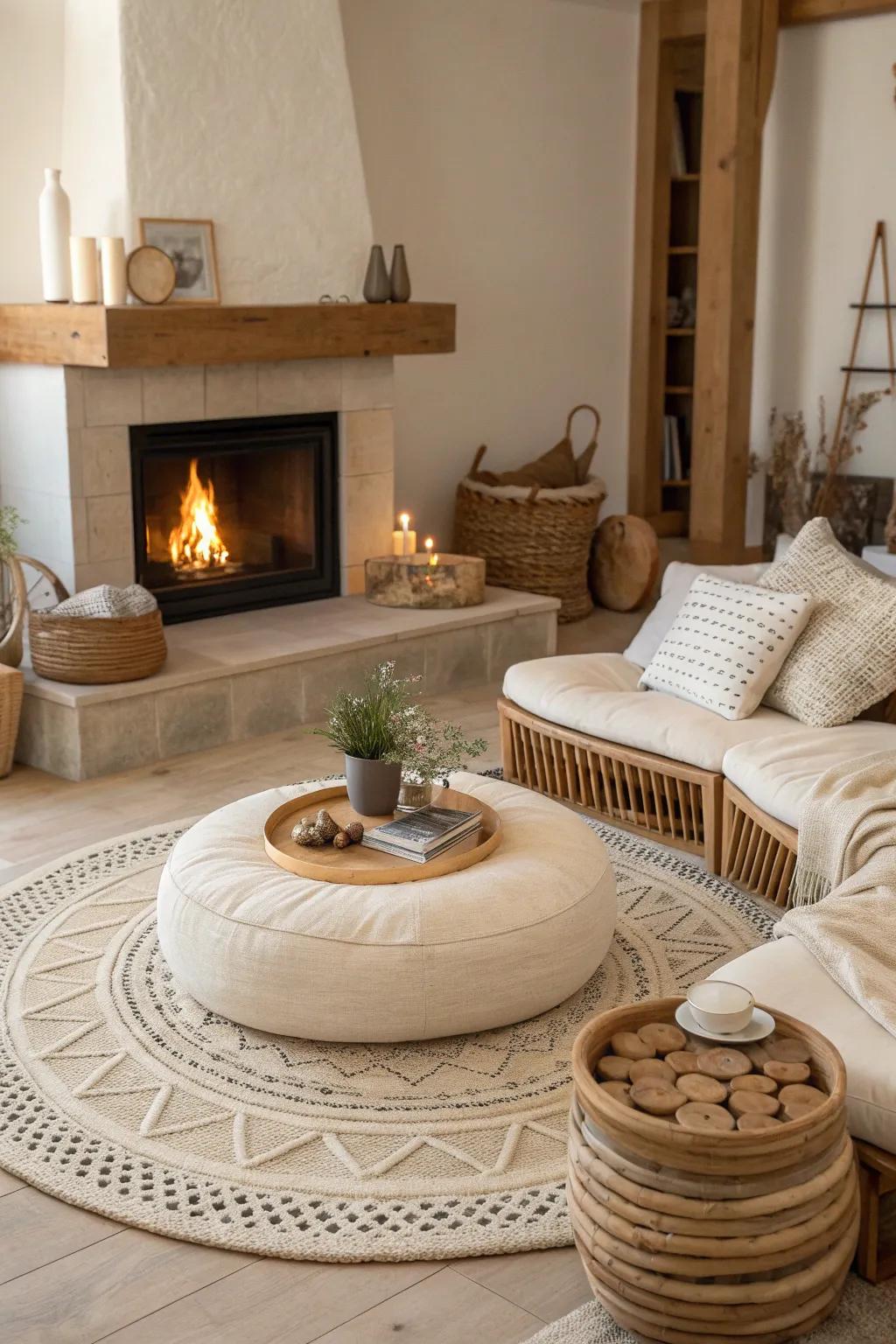 A circular seating arrangement creates an inviting space for conversation.