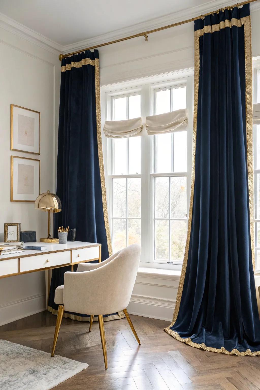 Create a dramatic and elegant window scene with luxurious drapes that add softness and style.