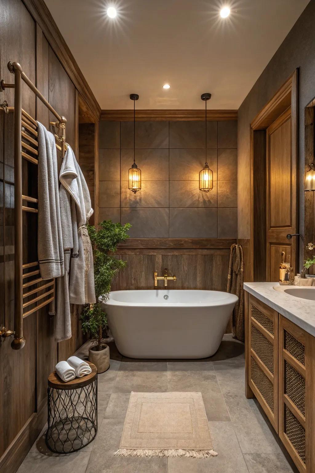 Create an inviting atmosphere with warm lighting in your grey-brown bathroom.