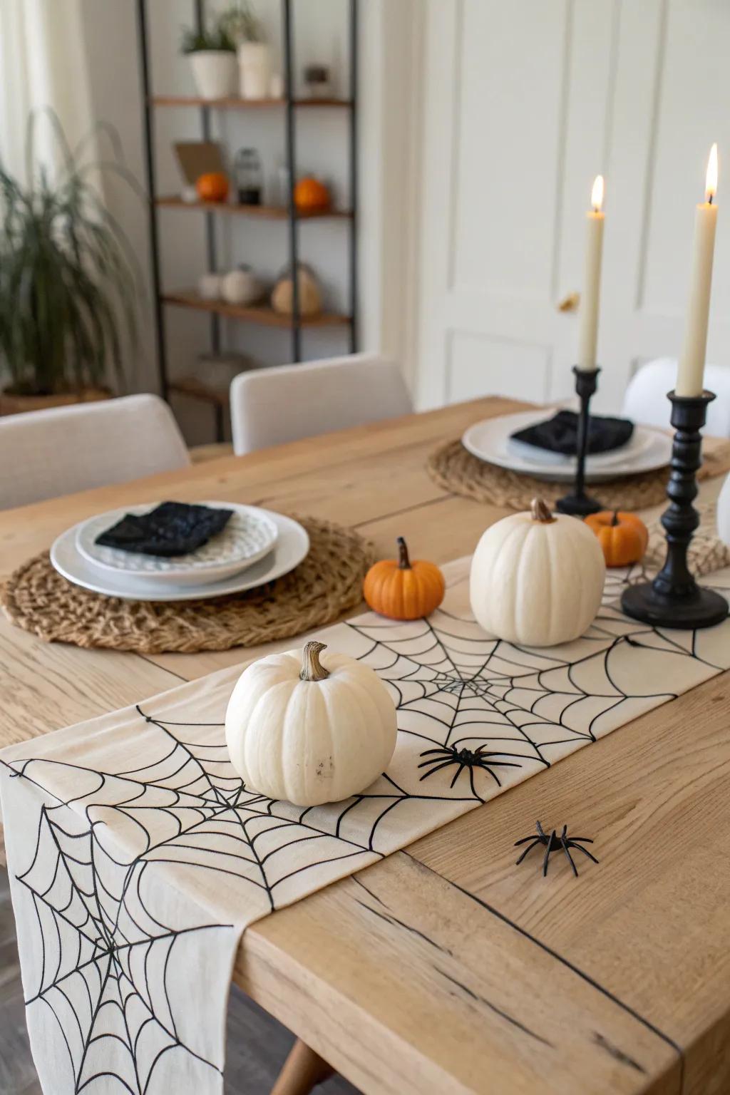 Add a subtle spooky touch with a spider web table runner that ties the theme together.
