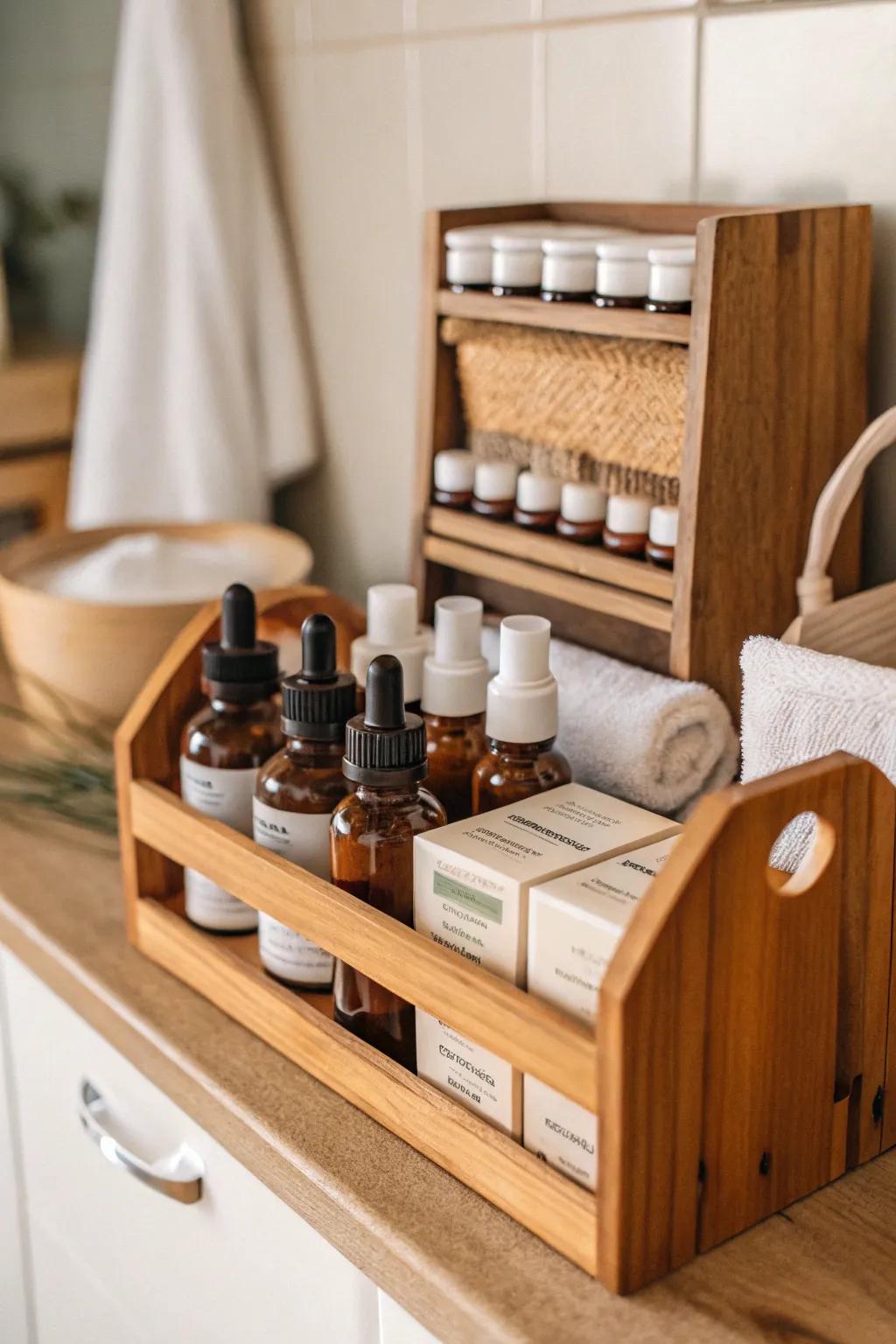 Think outside the box and repurpose spice racks for medicine storage.