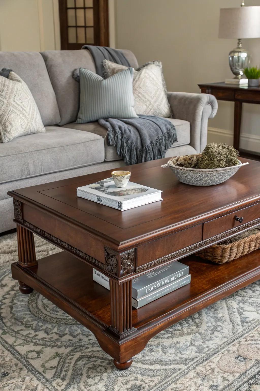 Invite warmth and elegance into your living room with the rich pairing of mahogany and gray.