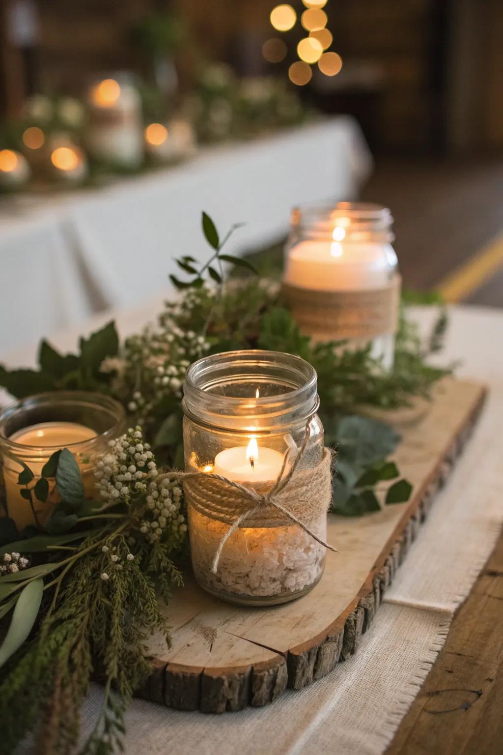 Create a warm ambiance with rustic mason jar candle holders, perfect for an intimate wedding setting.