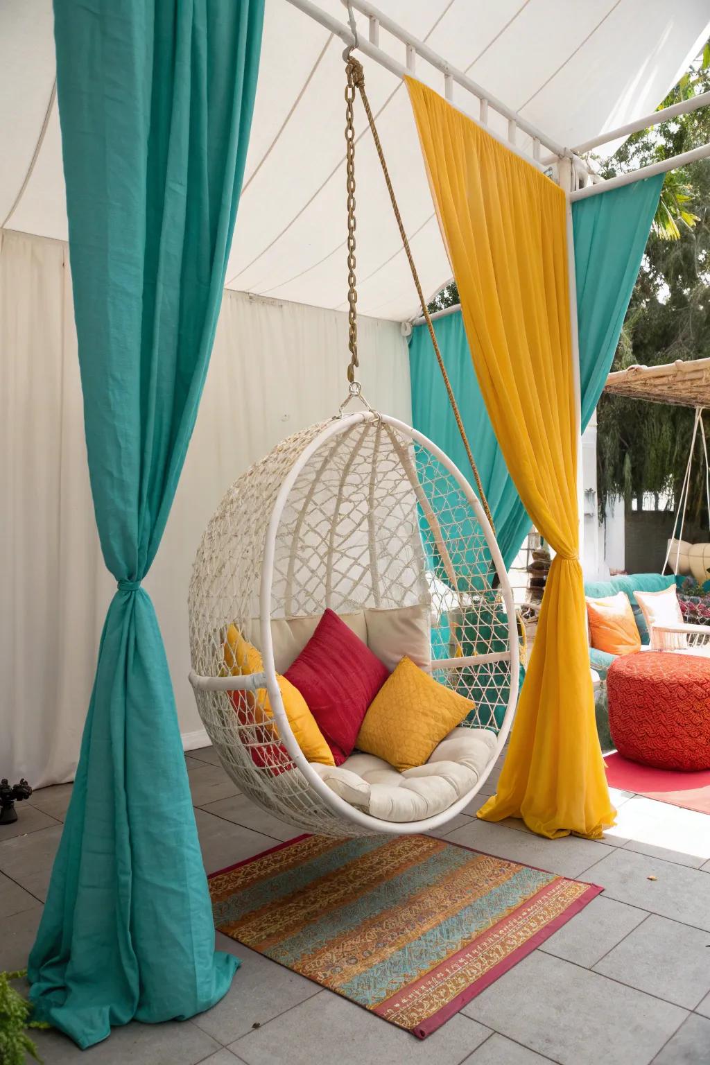 Float into comfort with a suspended nook that’s both playful and modern.