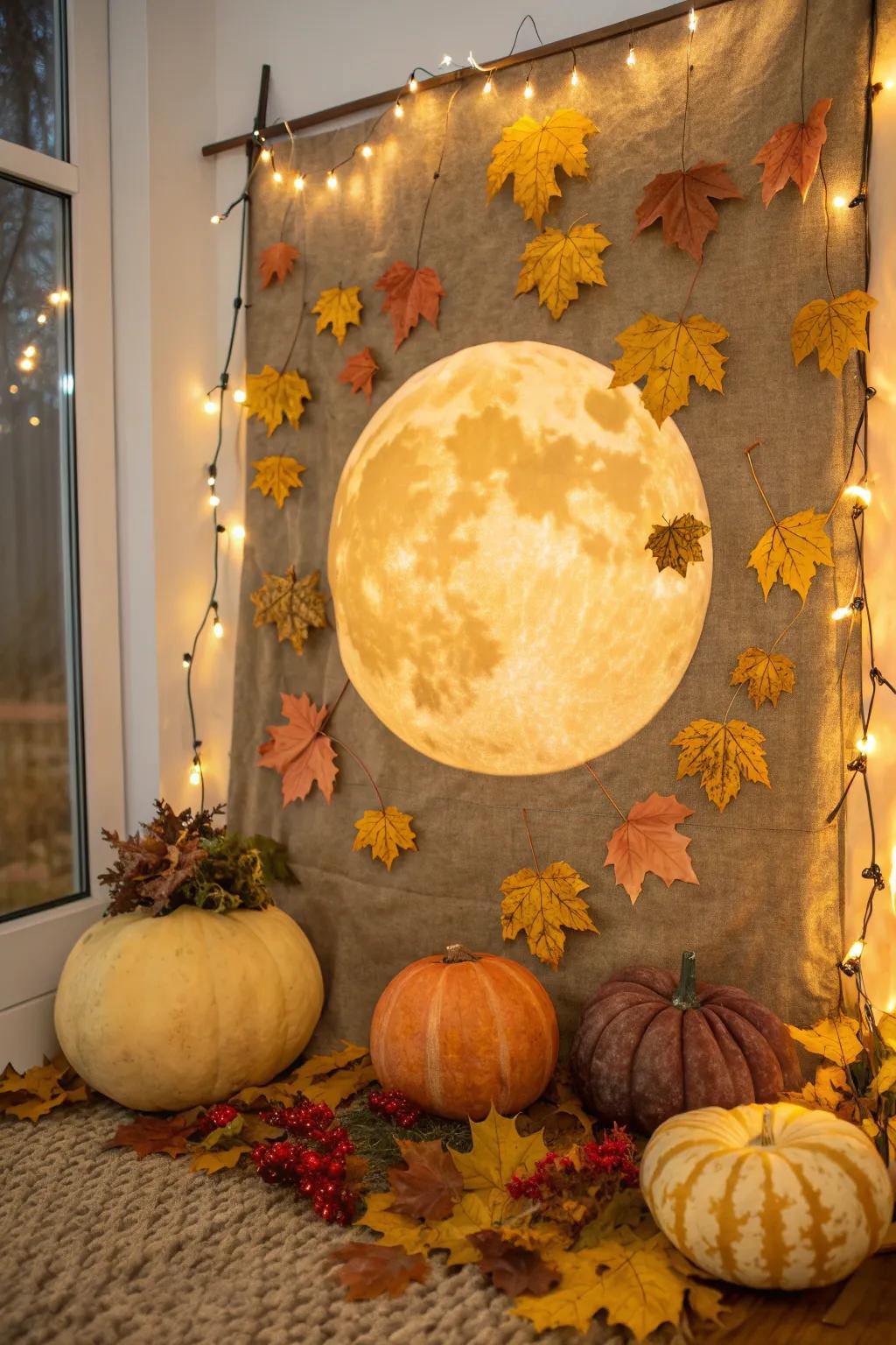 Create a mystical ambiance with the glow of a harvest moon using yellow and gold accents.