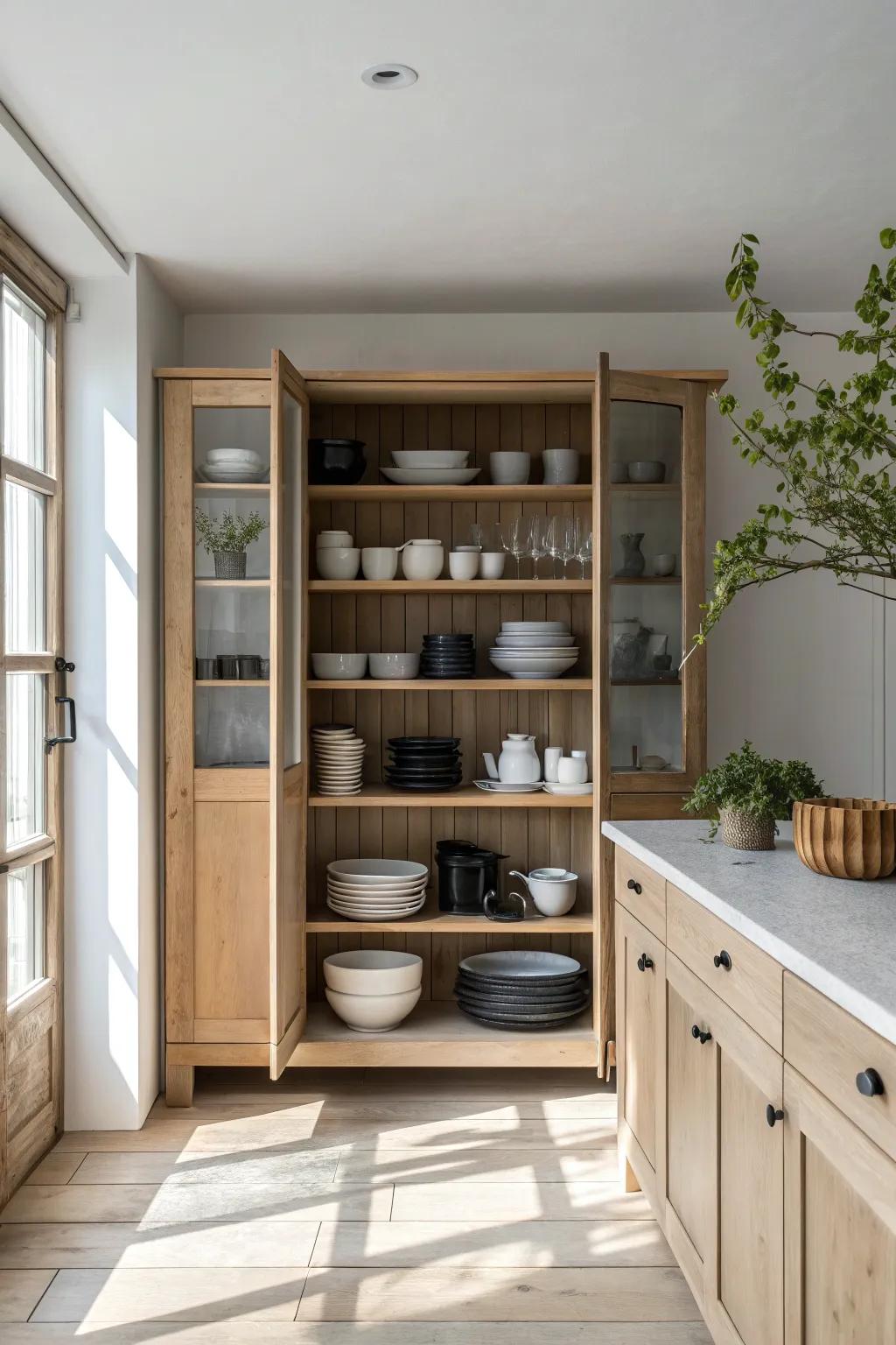 Achieve a sleek, modern look with monochrome open shelving, perfect for minimalist design.