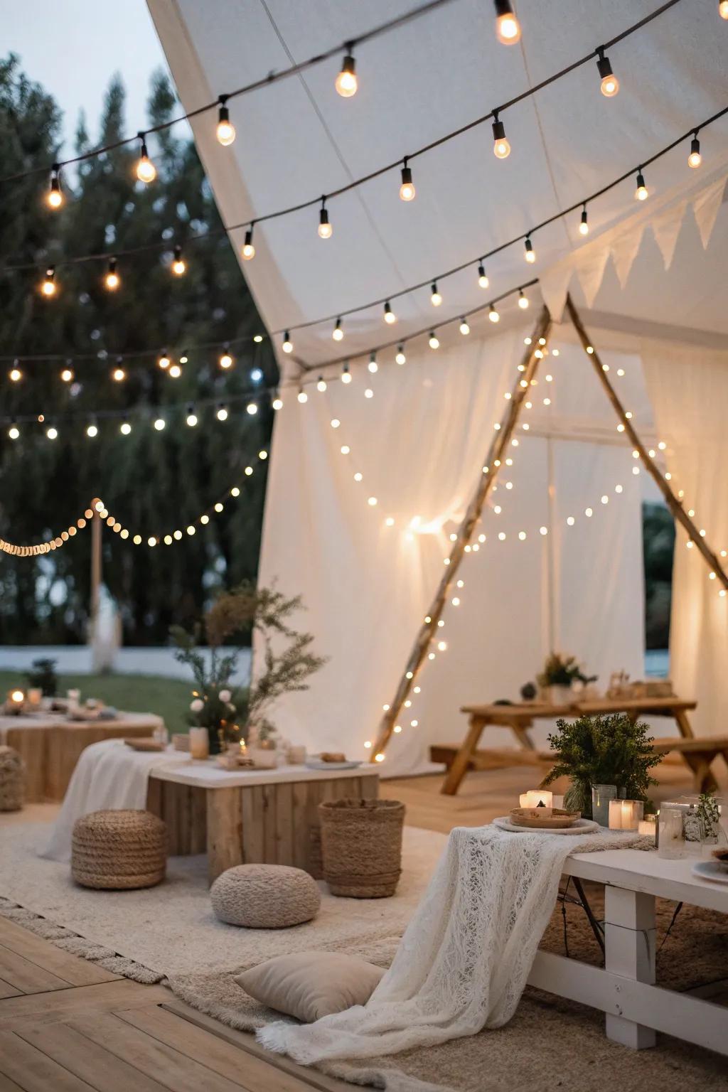 Enhance your party's ambiance with the warm glow of string lights that add elegance and charm.