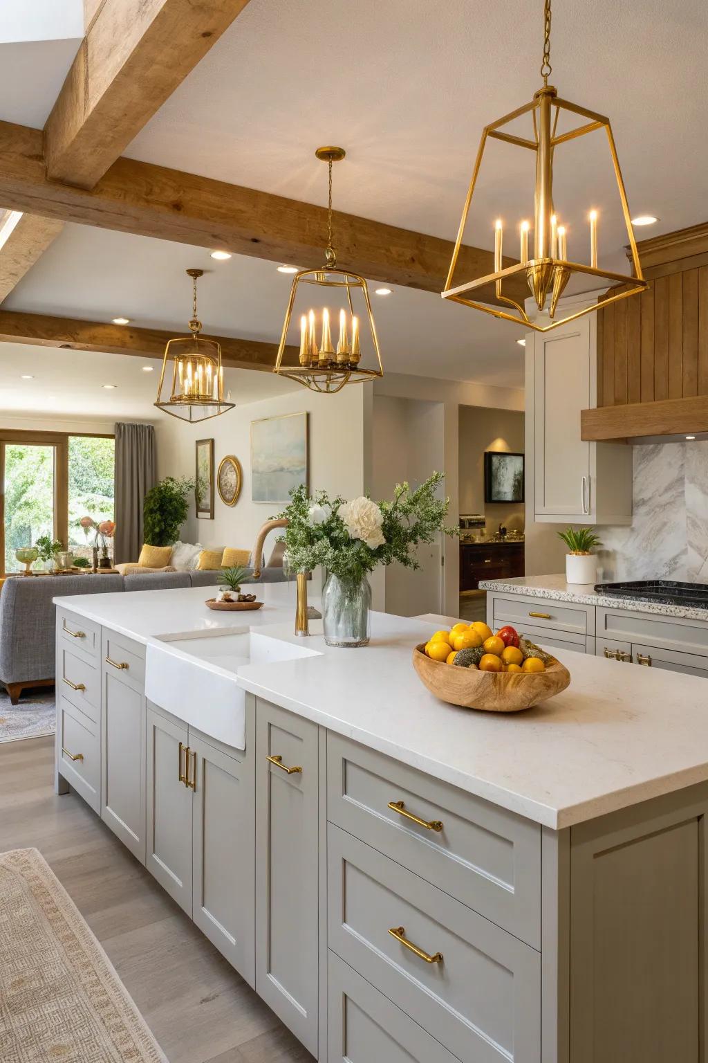 Quartz countertops enhance the spacious feel of open-concept kitchens.