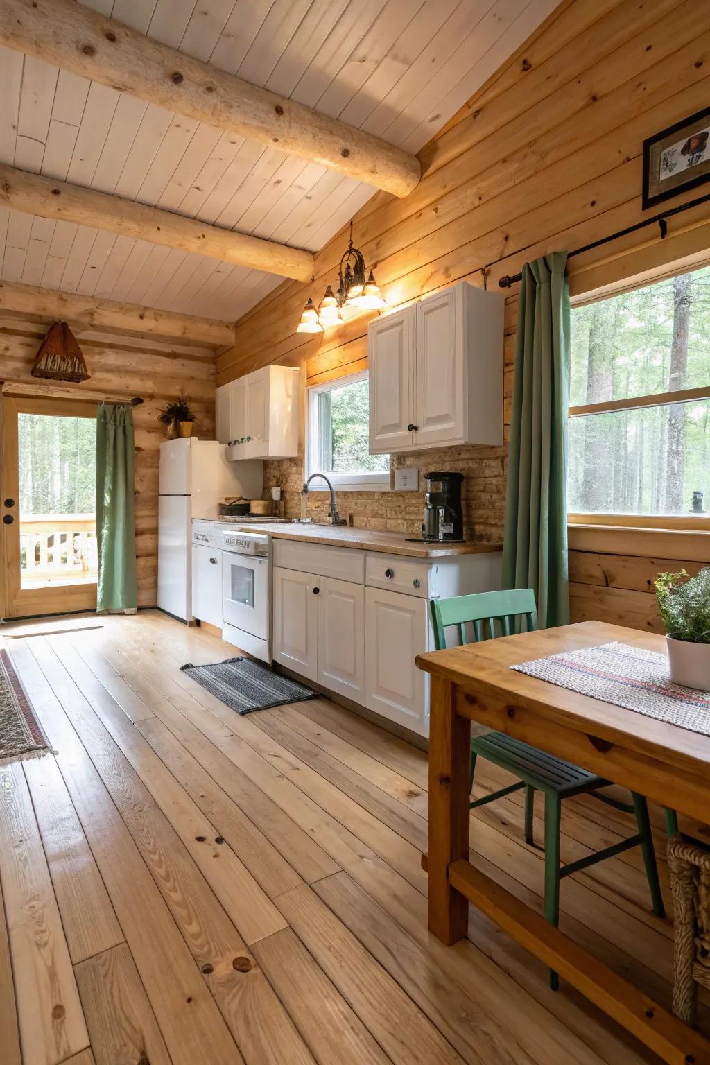 Hardwood floors add warmth and timeless appeal, perfect for rustic cabin kitchens.