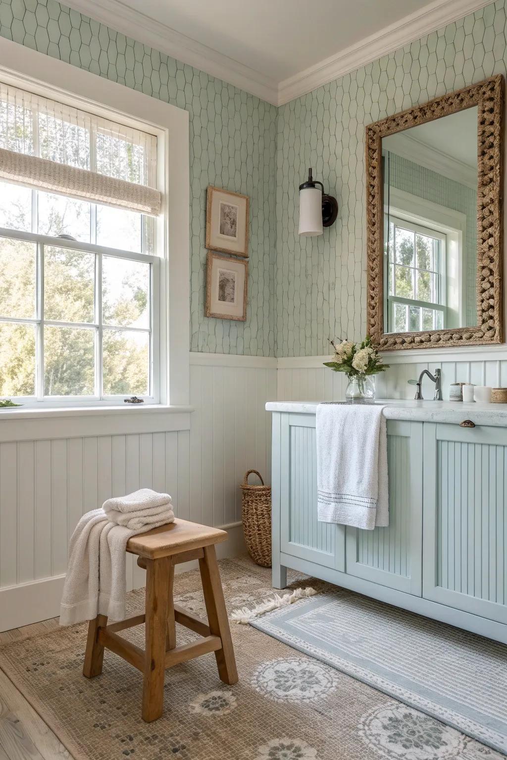 Textured walls add depth and sophistication to the serene sea salt bathroom.