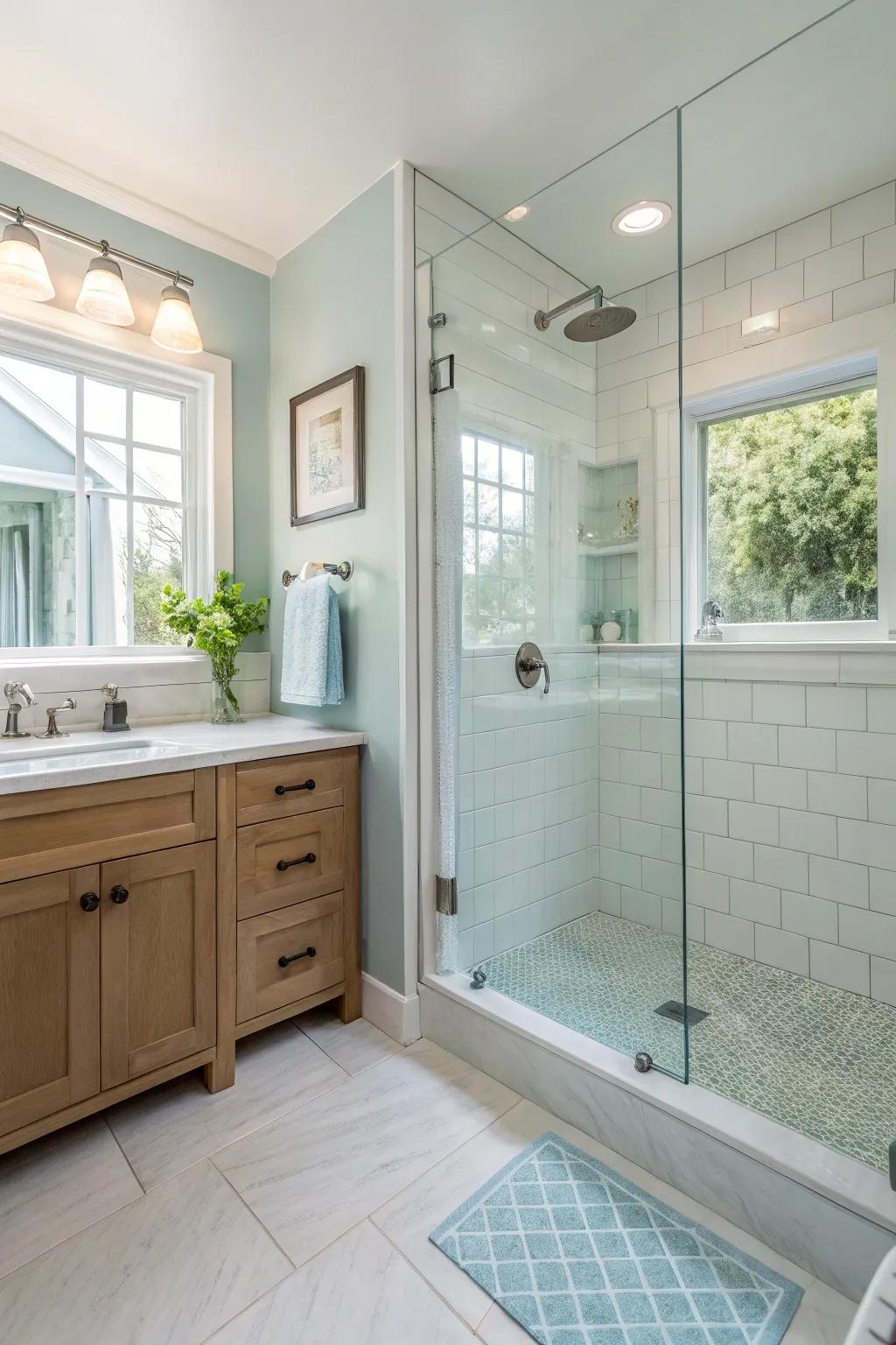 Curbless entries create a seamless, accessible design for small bathrooms. #CurblessShower #BathroomDesign