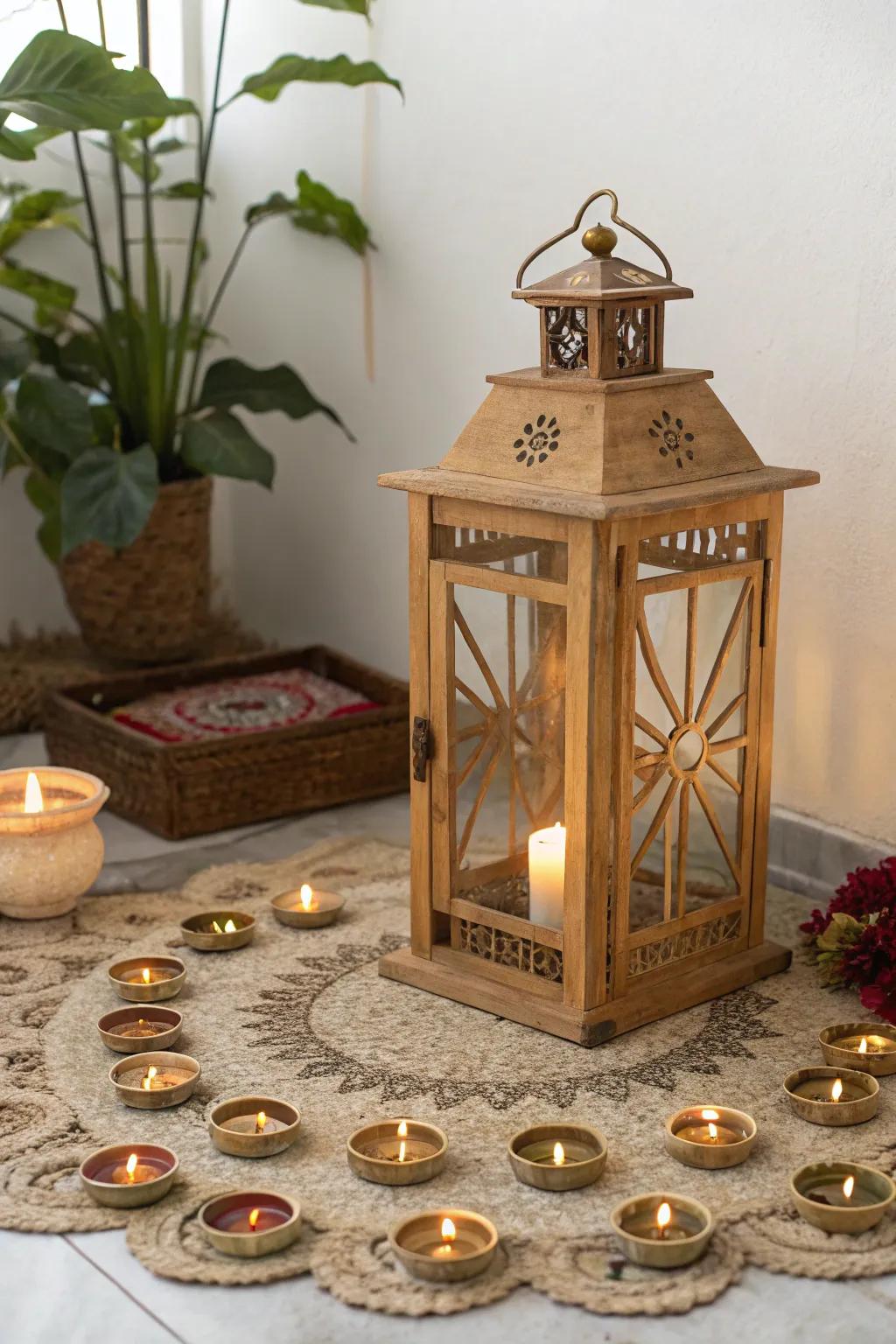 Illuminate your pooja space with lanterns and diyas, creating a magical and inviting atmosphere.