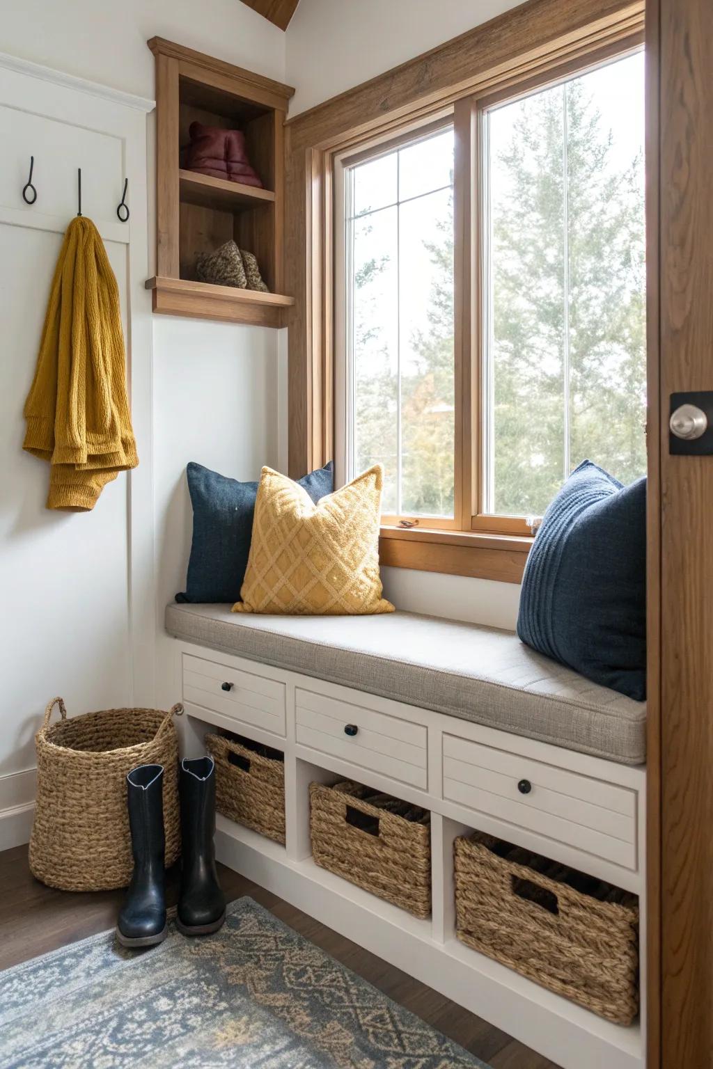 A window seat with hidden storage combines comfort with practicality, making your mudroom both cozy and efficient.