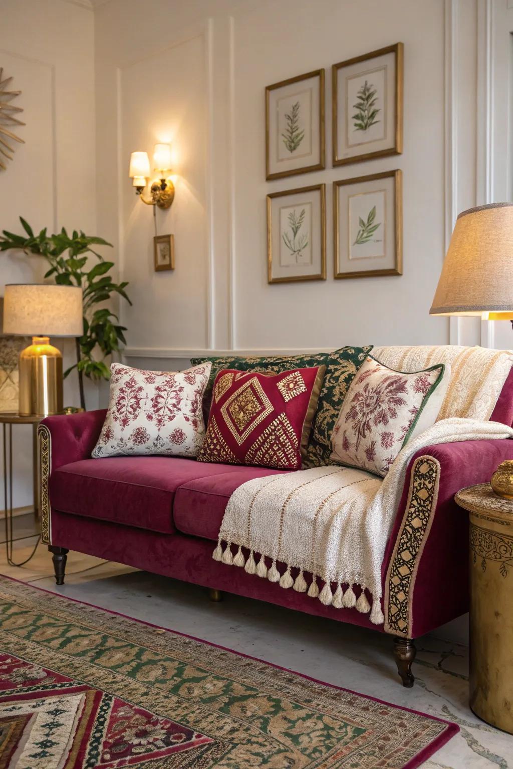 Patterned fabrics transform a small sofa into a lively focal point in any room.