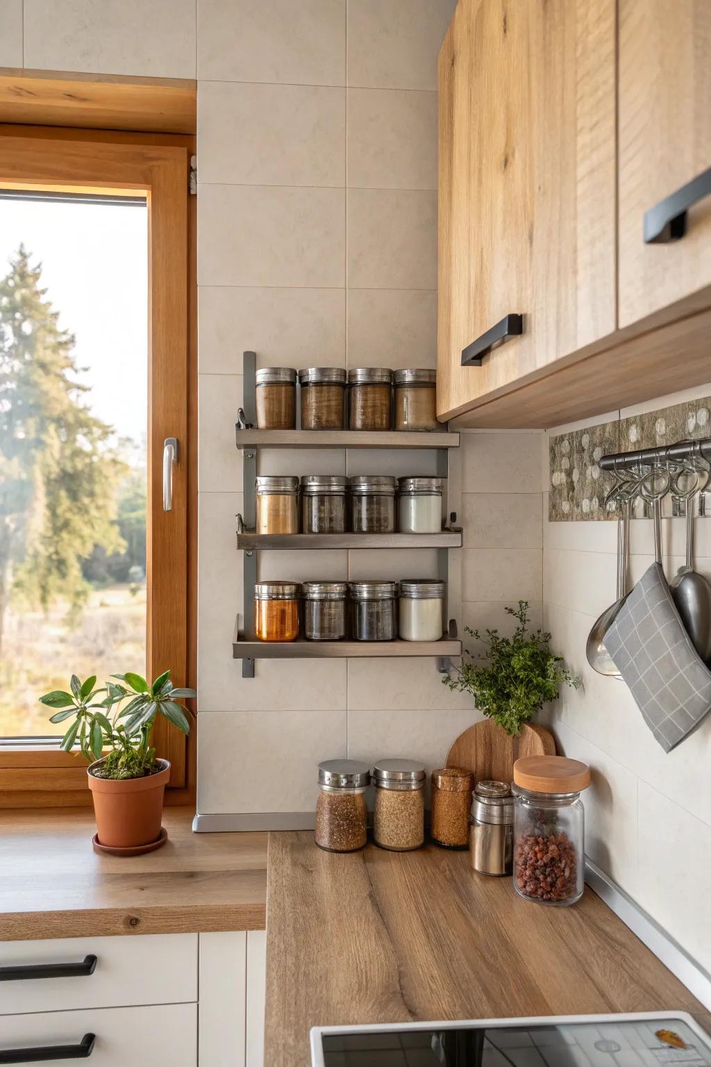 Save space with magnetic spice jars that add a modern touch to your kitchen. 🧲 #SpaceSaver #ModernDesign
