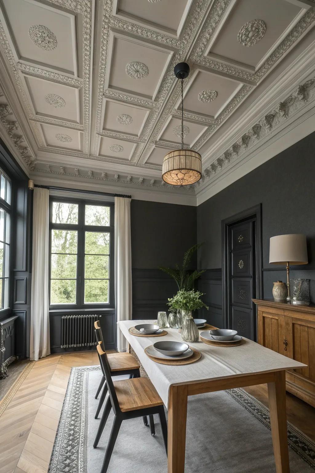 Create a grand dining experience with dramatic ceiling molding.