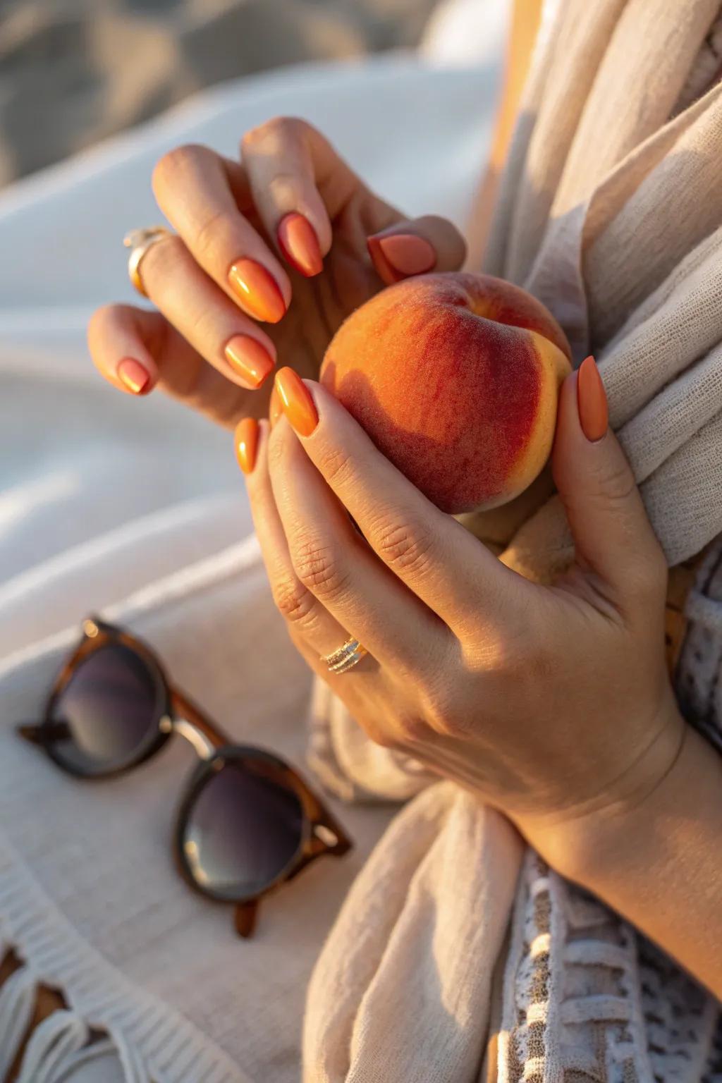 Embrace the understated elegance of <strong>minimalist charm</strong> with these nails.” loading=”lazy” class=”pimg”>
	</picture><figcaption>Embrace the understated elegance of <strong>minimalist charm</strong> with these nails.</figcaption></figure>
<p>Sometimes less is more. A simple <strong>peachy-orange</strong> shade with a glossy finish can be incredibly elegant and versatile for any occasion.</p>
<h3>Might be a good match:</h3>
<ul class=