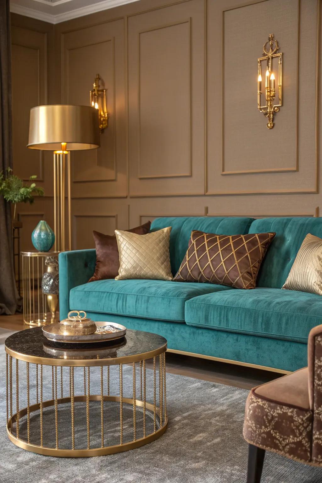 Metallic accents elevate the richness of teal and brown, adding a luxe touch.