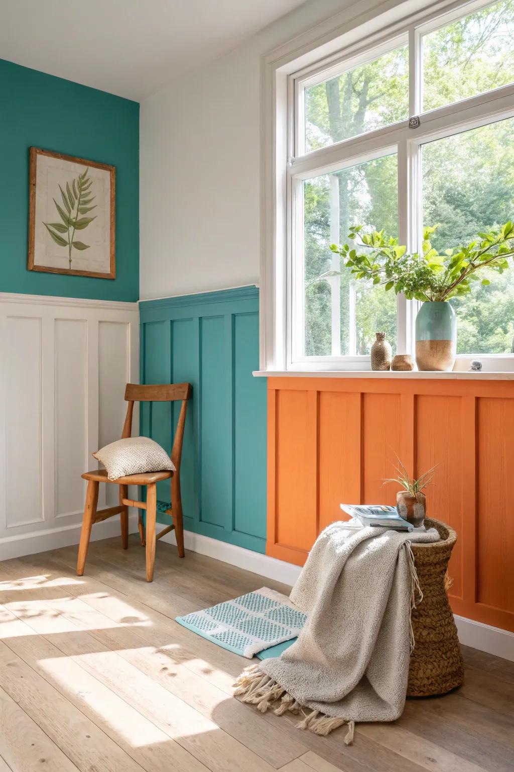 Energize your home with a vibrant mix of turquoise and sunset orange wainscoting, perfect for eclectic spaces.