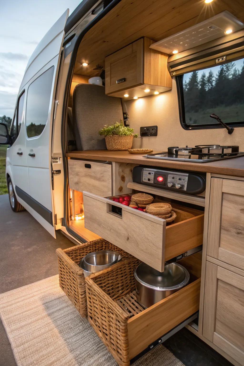 Smart under-bed storage keeps your van kitchen organized and efficient.