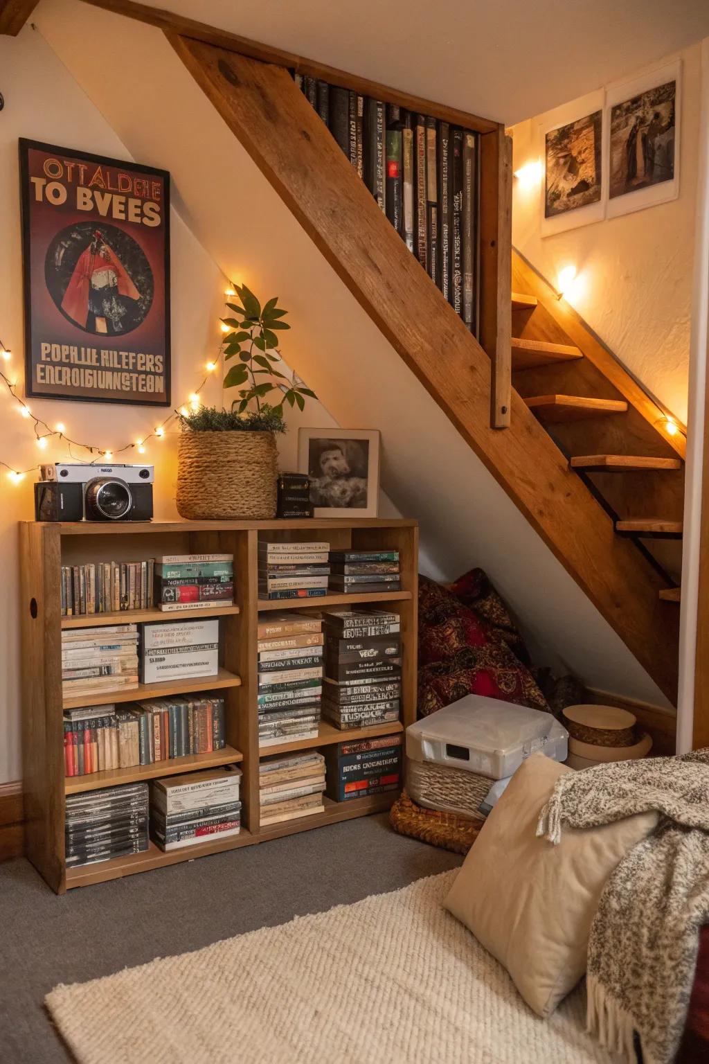 Maximize space by turning under-the-stairs areas into charming VHS displays.