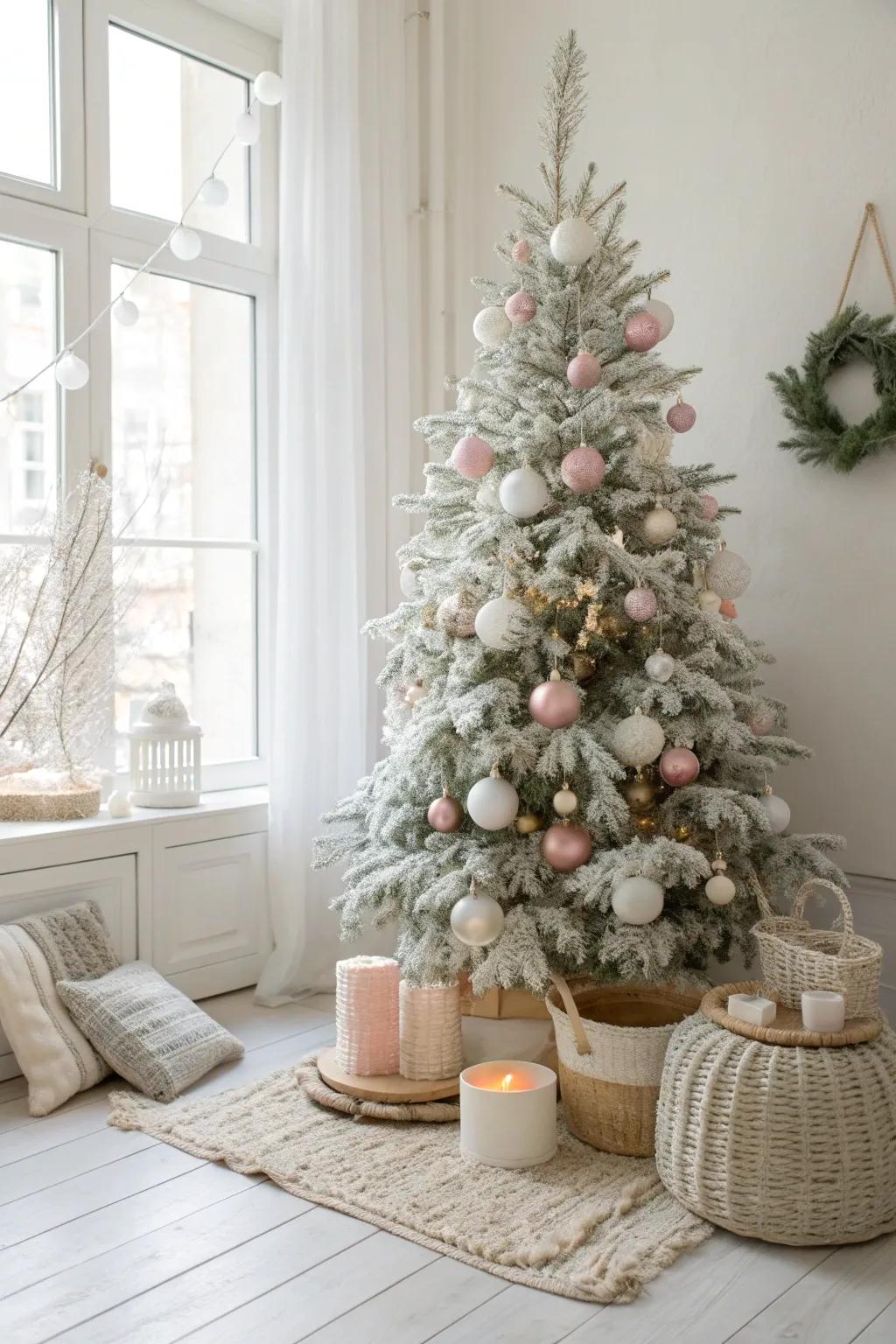 Pastel ornaments bring a soft touch of color, perfect for a serene winter wonderland.