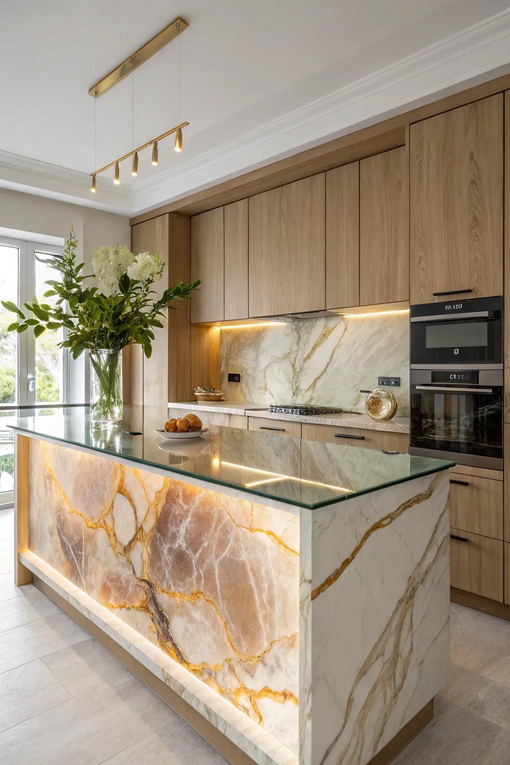 Luxuriate in the opulence of onyx and glass, elevating your kitchen to new heights. ✨ #LuxuryKitchen #OpulentDesign