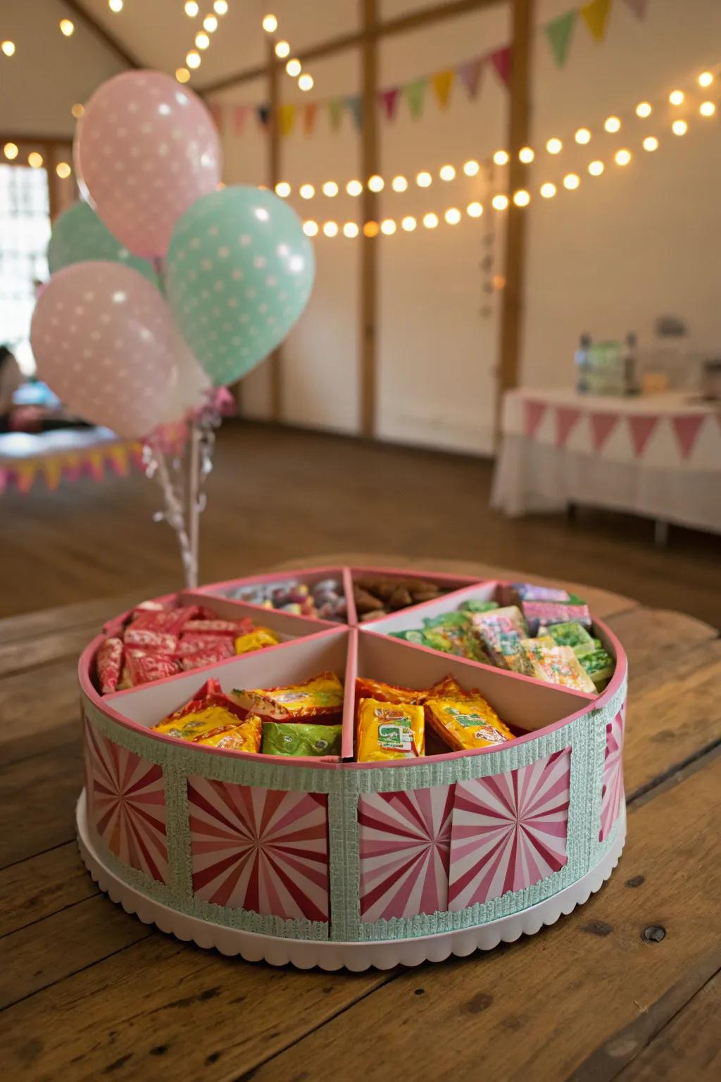 A candy carousel centerpiece adds a touch of whimsy to your decor.