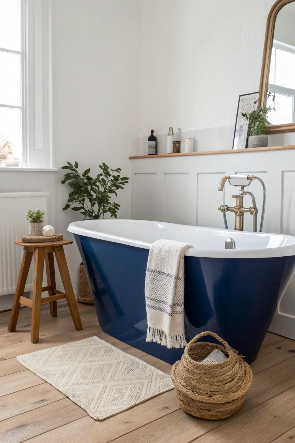 Add a pop of color to your bathroom with a bold corner freestanding tub that stands out beautifully.