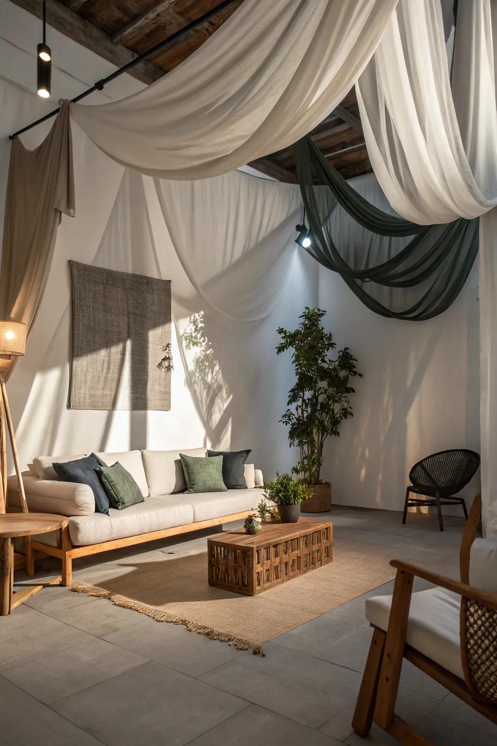 Add depth and drama with a ceiling draped in cloth and shadows.