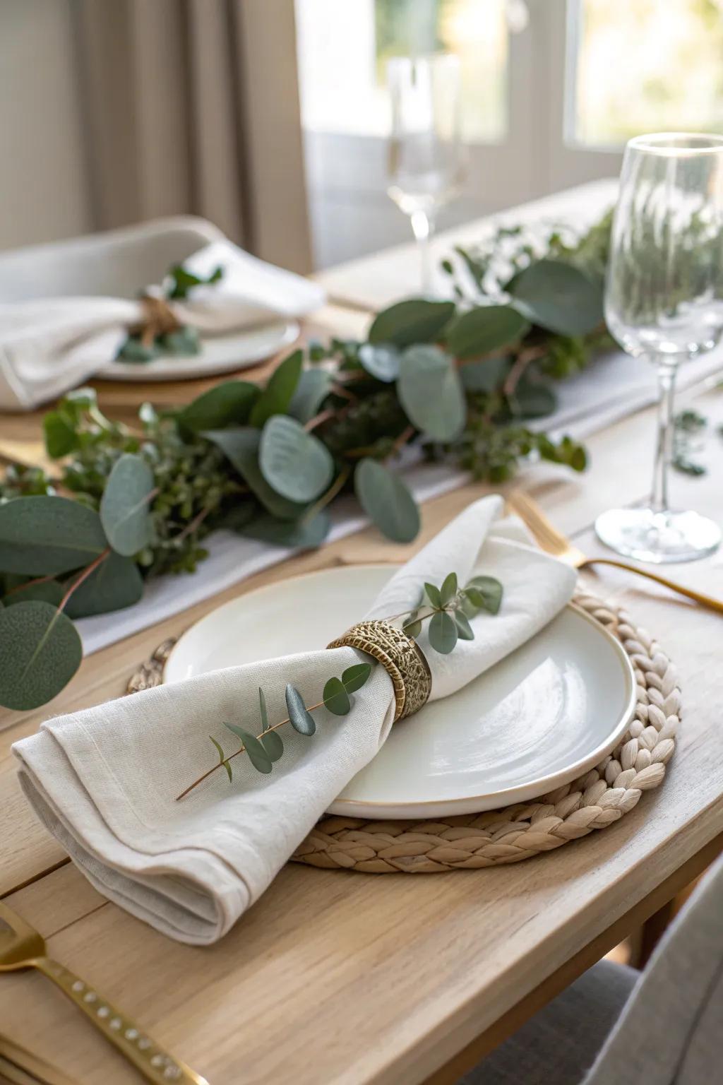 Delight your guests with eucalyptus napkin rings for a personal touch.