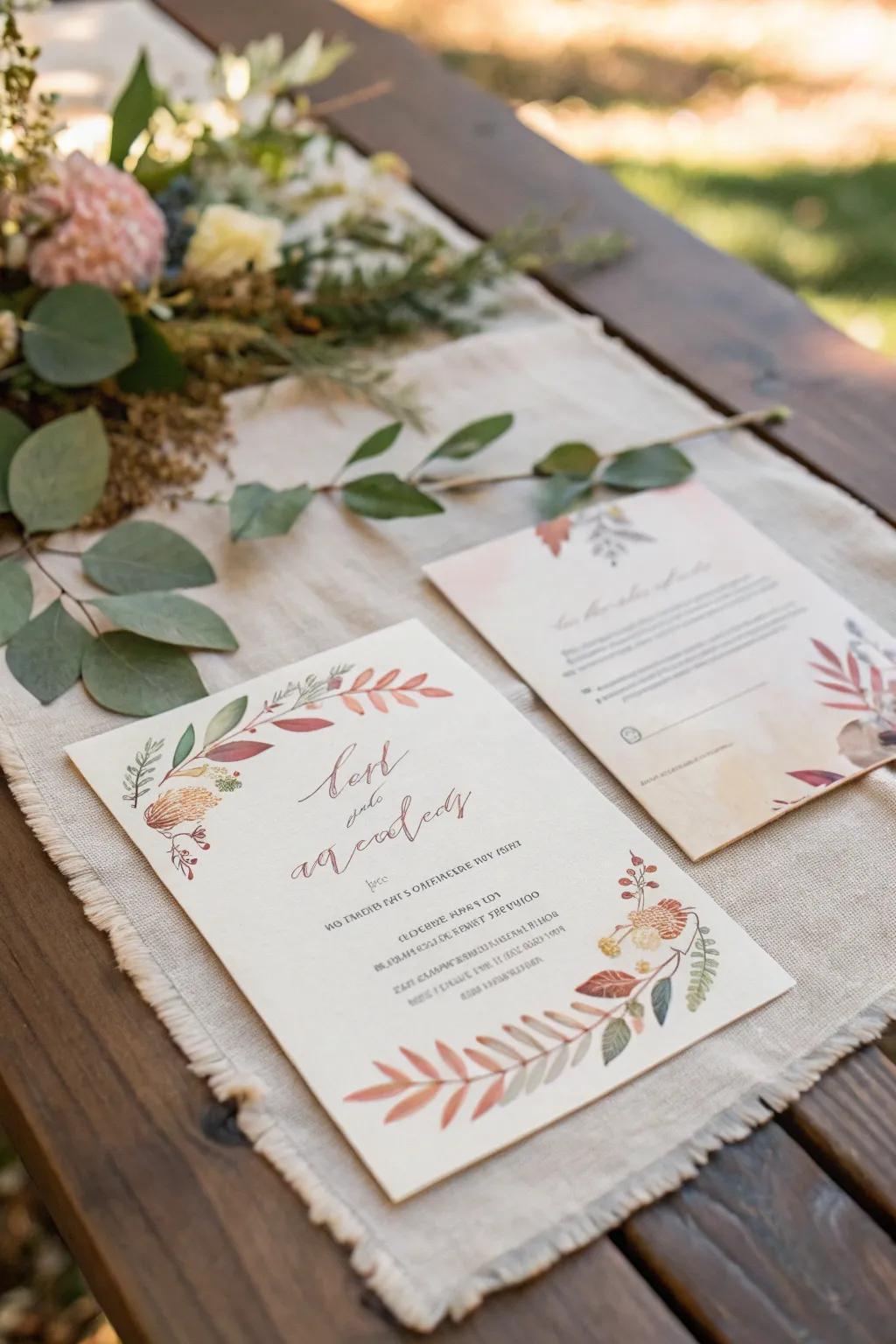 Watercolor designs create a romantic and whimsical atmosphere for wedding invitations.