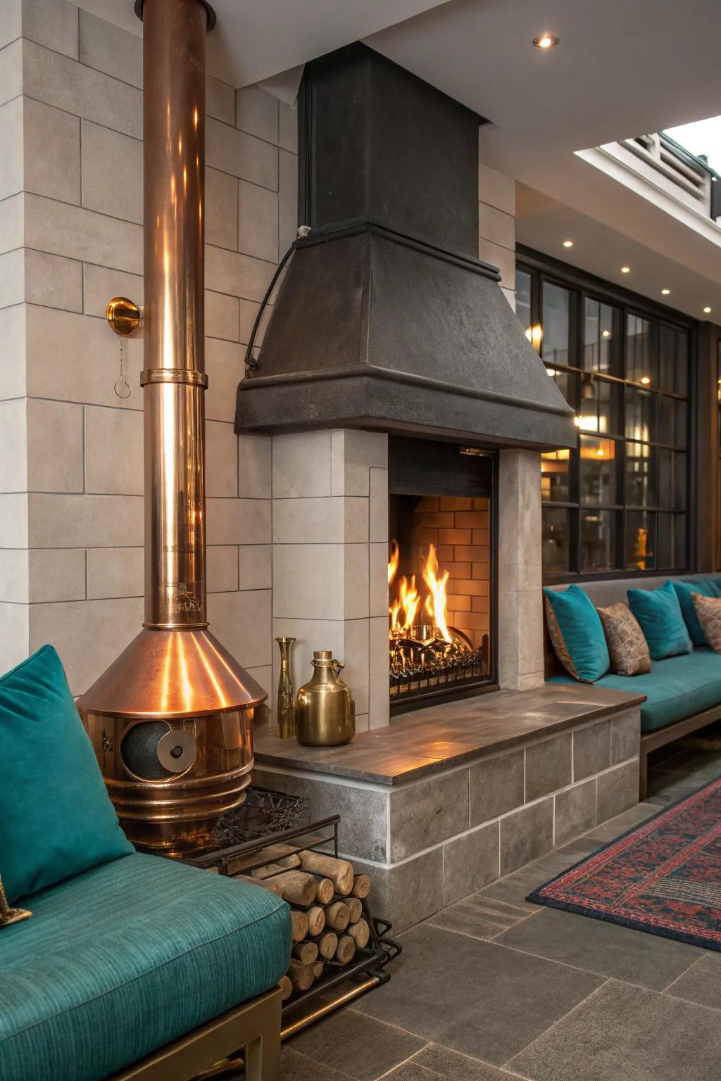 Metallic accents bring a touch of glamour and warmth to your hearth.