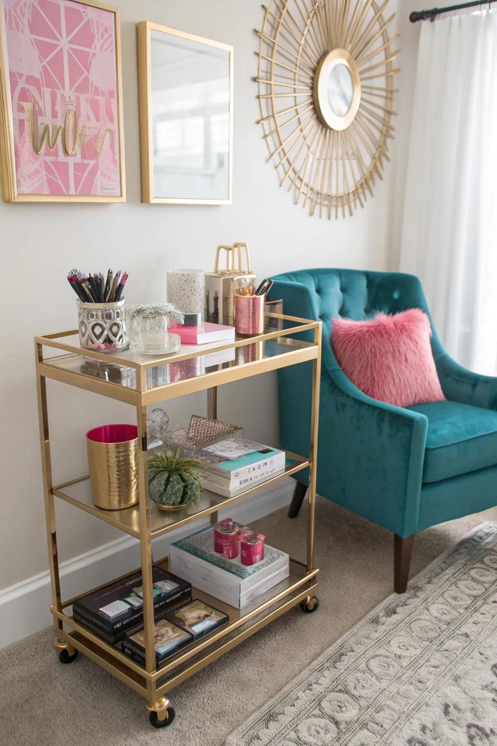 Add versatility and style to your office with a glam bar cart that doubles as storage.