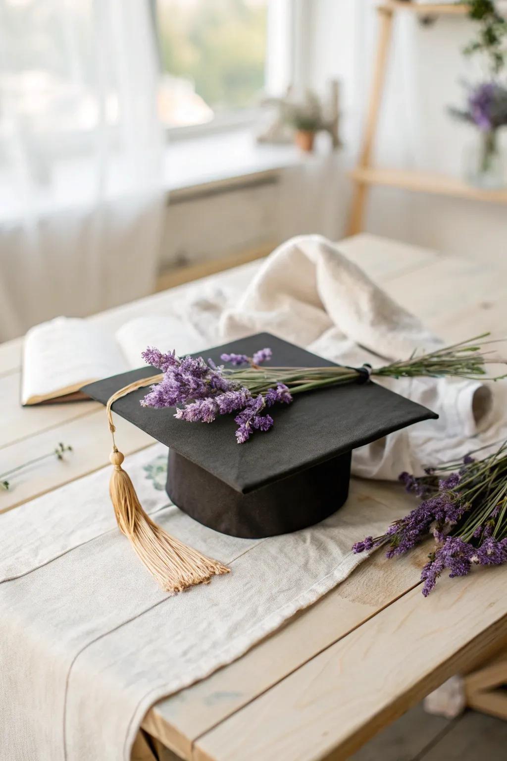 Let lavender grace your cap, bringing calm and majesty to your graduation day.