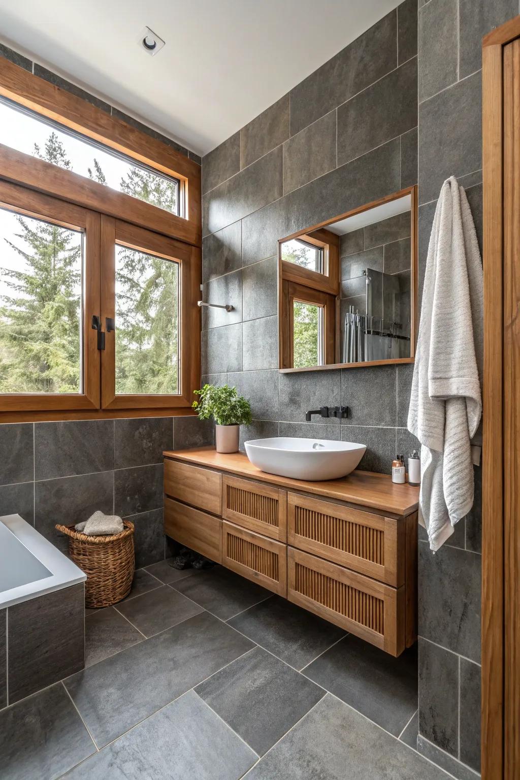Add dimension with textured grey tiles and warm wooden accents.
