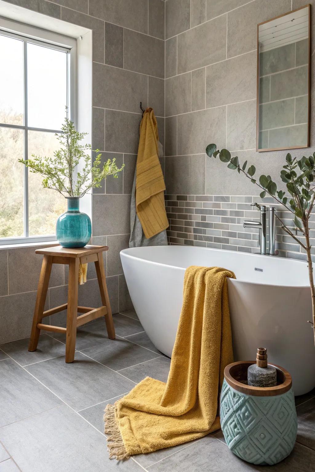 Vibrant accents bring life and energy to grey-tiled bathrooms.
