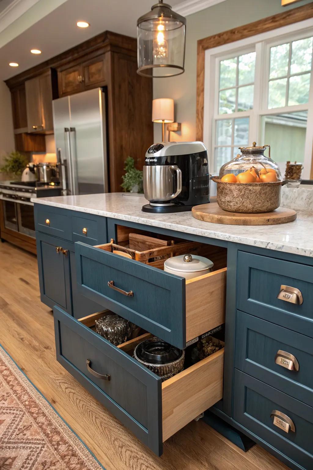 Store bulky appliances with ease in deep kitchen drawers. Hashtags: #DeepDrawers #KitchenOrganization