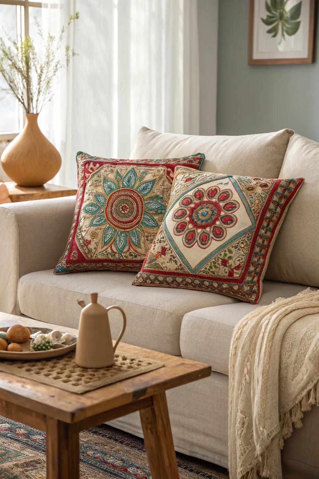 Add color and comfort to your home with these beautifully embroidered cushion covers.