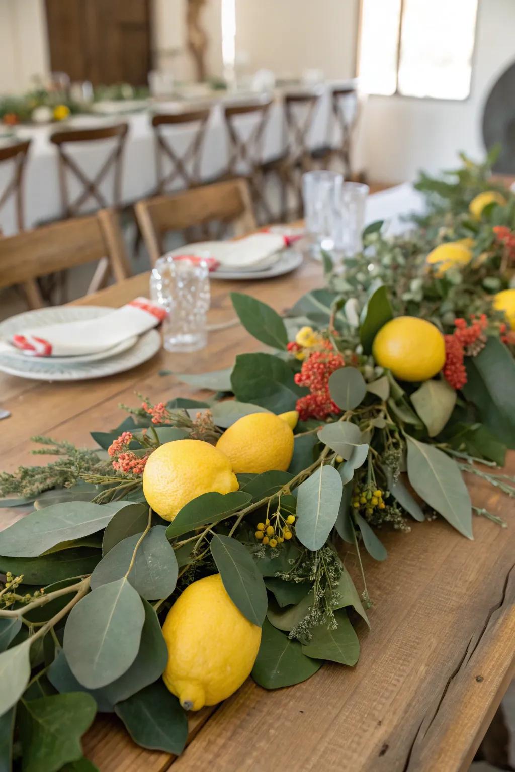Add freshness and fragrance to your dining room with a lemon and eucalyptus garland, an elegant centerpiece choice.